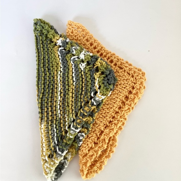 Dishcloth Washcloth Hand Crafted Gold Green Knit Cotton Rustic - Picture 5 of 13